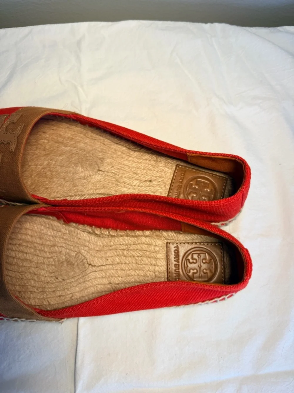 Tory Burch Red Canvas Espadrilles with Tan Trim and Logo